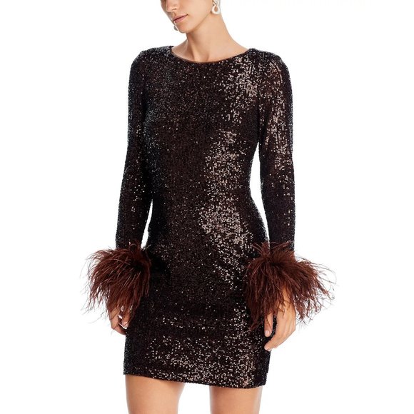 AQUA Feather Trim Short Sequin Dress - Chocolate Brown - Picture 1 of 5